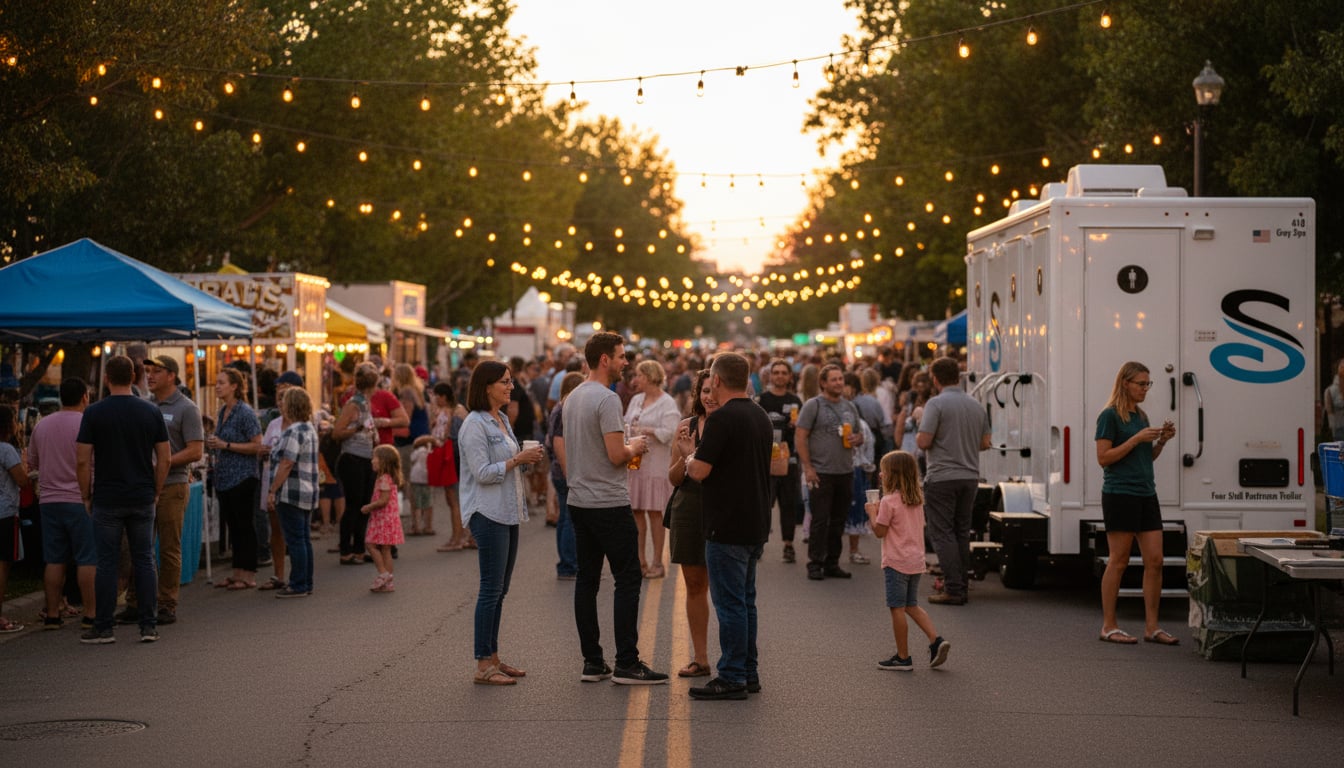 Evening view of a community block party with string lights and a well-lit restroom trailer in the background
