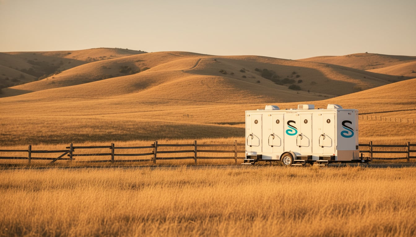 Wide ranch landscape with a restroom trailer positioned discreetly near a wooden fence line with rolling hills in the distance