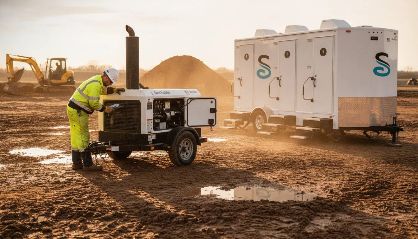 Technician inspecting a diesel generator exhaust stack on a muddy construction site