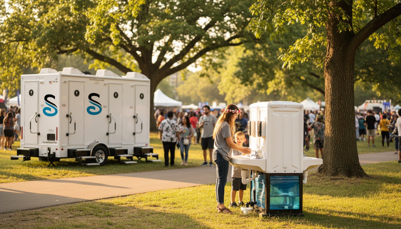 Outdoor festival scene with portable hand washing stations and restroom facilities serving attendees in a park setting