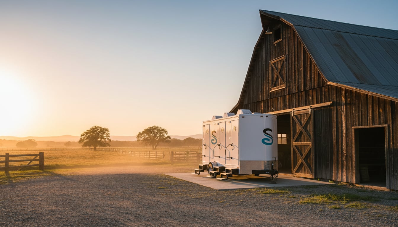 Luxury restroom trailer parked beside a rustic ranch barn at sunset with golden light and open pasture in the background