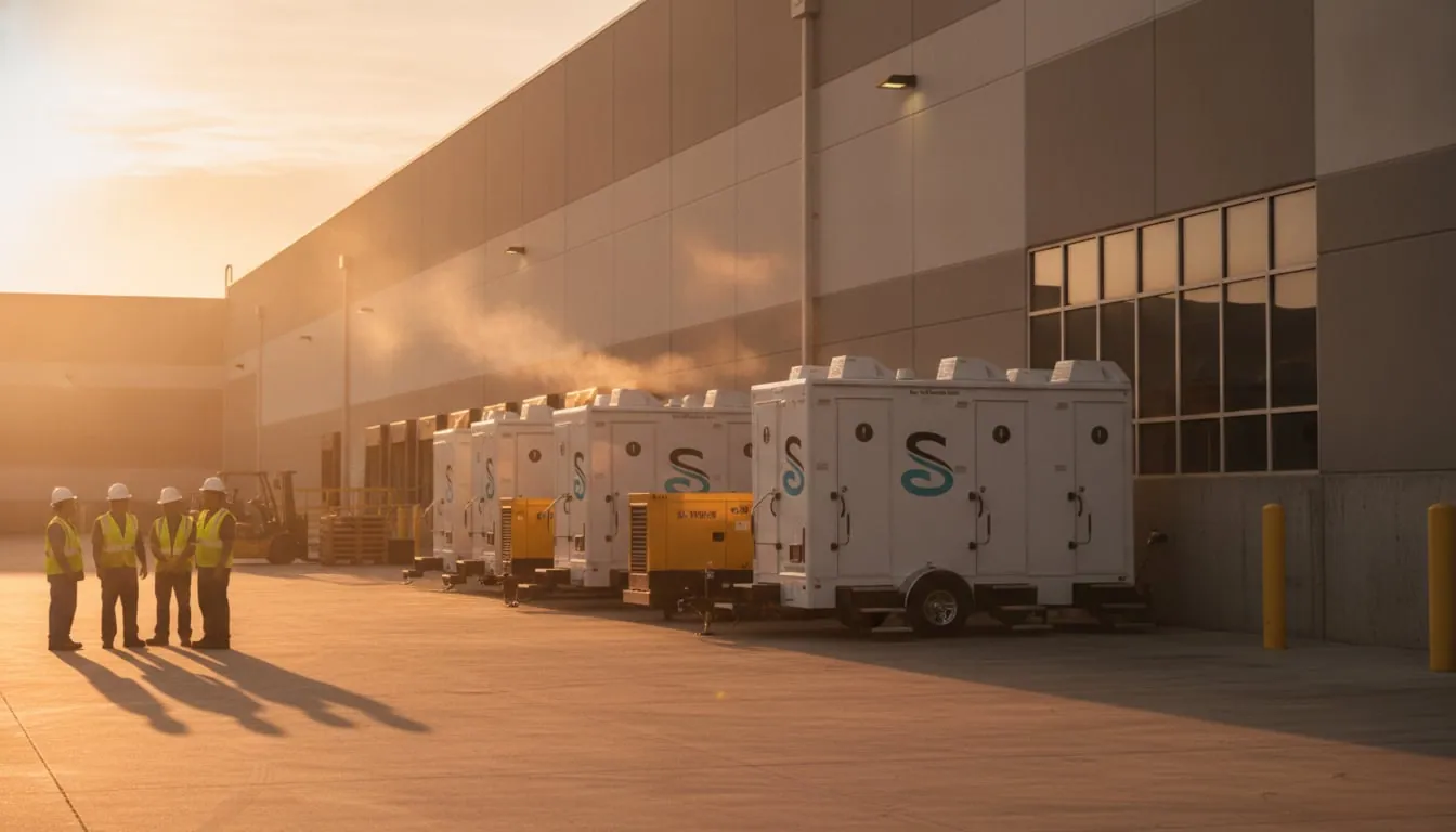 Row of compact restroom trailers along a warehouse exterior at night