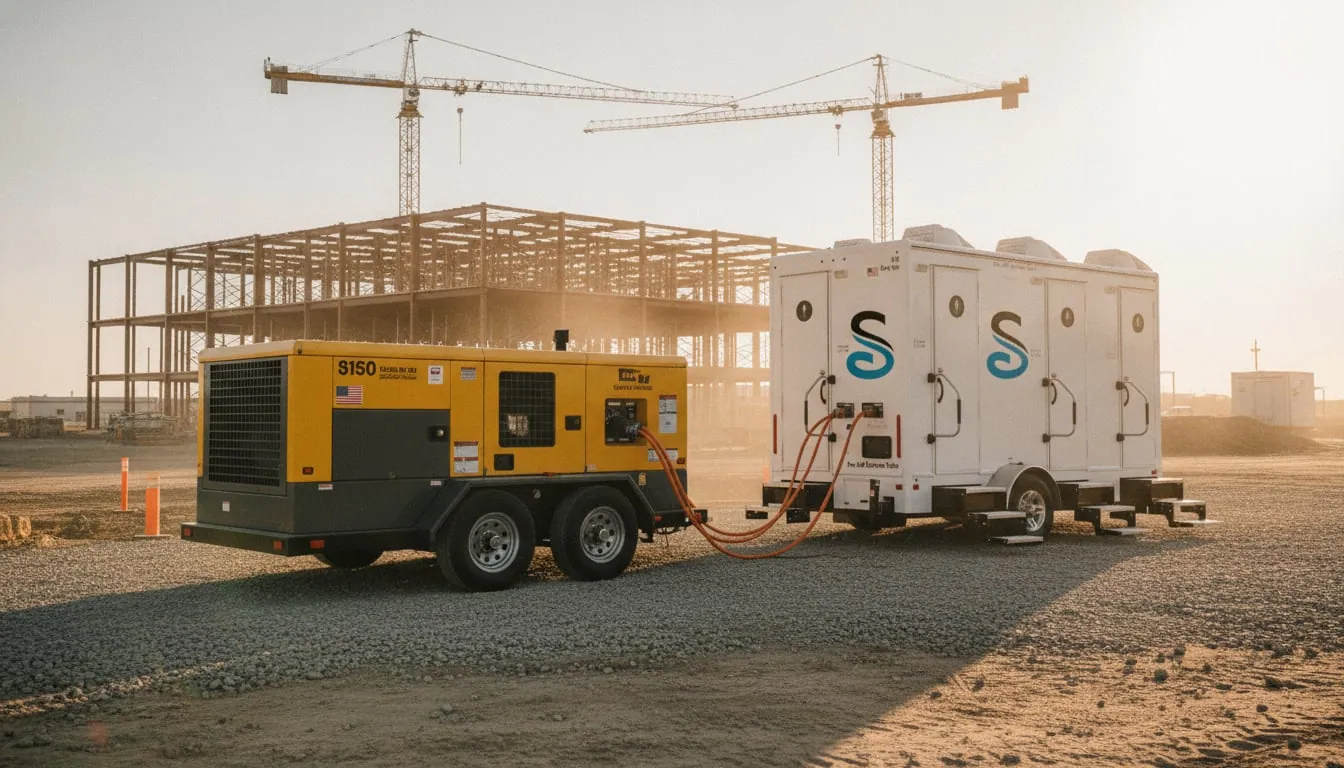 Towable diesel generator cabled to a restroom trailer on a gravel jobsite pad