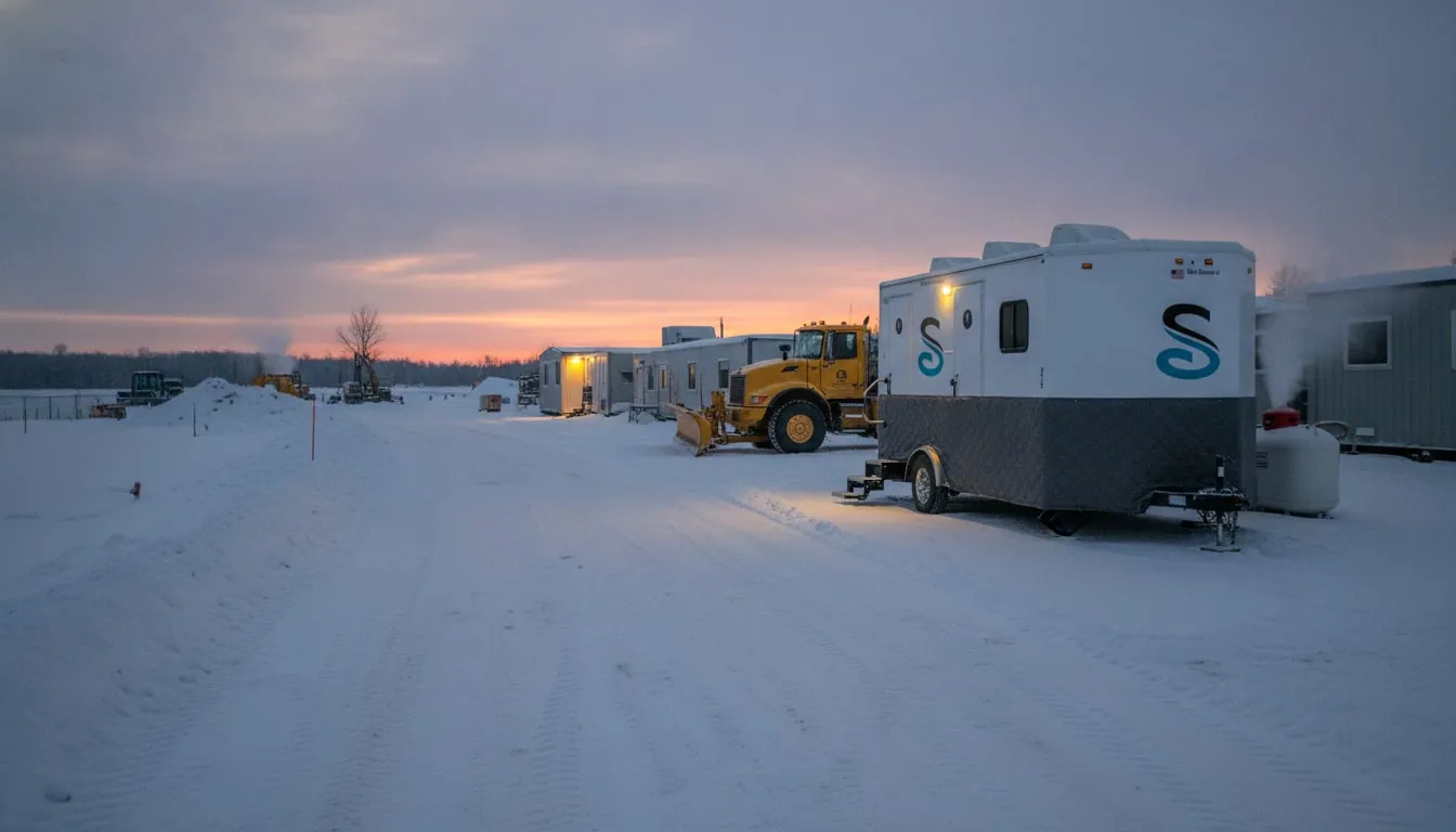 Restroom trailer on a snow-covered construction site at dusk with insulated skirting and plowed access lane