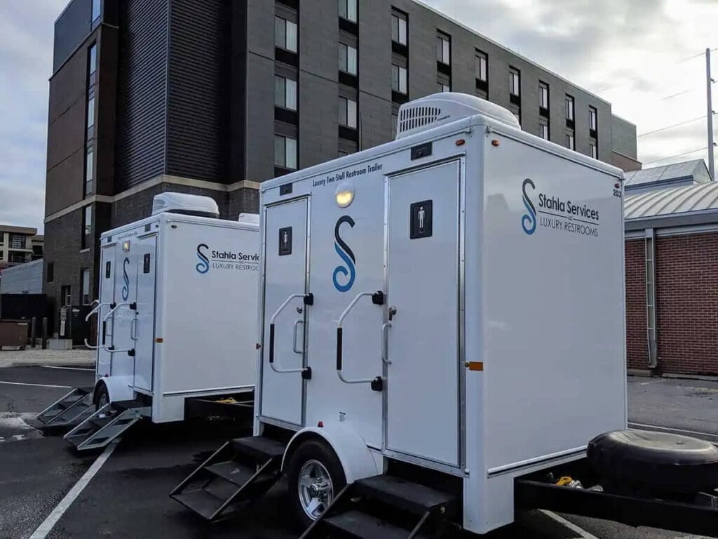 Luxury portable 2 Stall restrooms by Stahla Services outdoors.