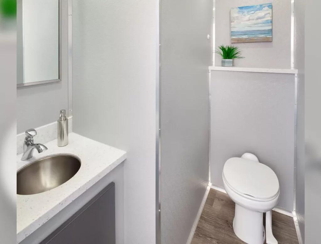 a small, modern 3 stall restroom trailer rental featuring a sink with a cabinet and separate toilet areas, adorned with a framed painting and a potted plant.