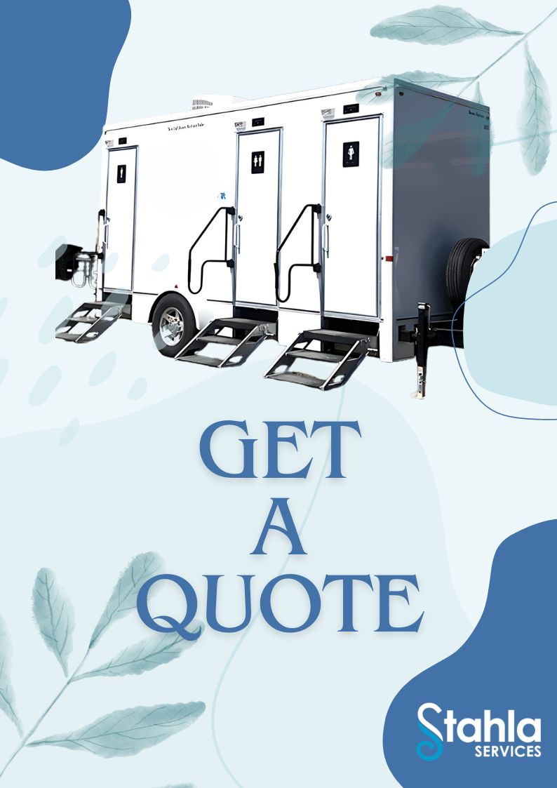Portable restroom trailer with quote invitation.