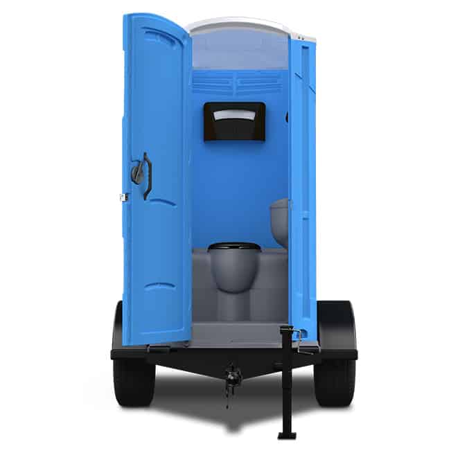 Portable blue restroom on wheels.