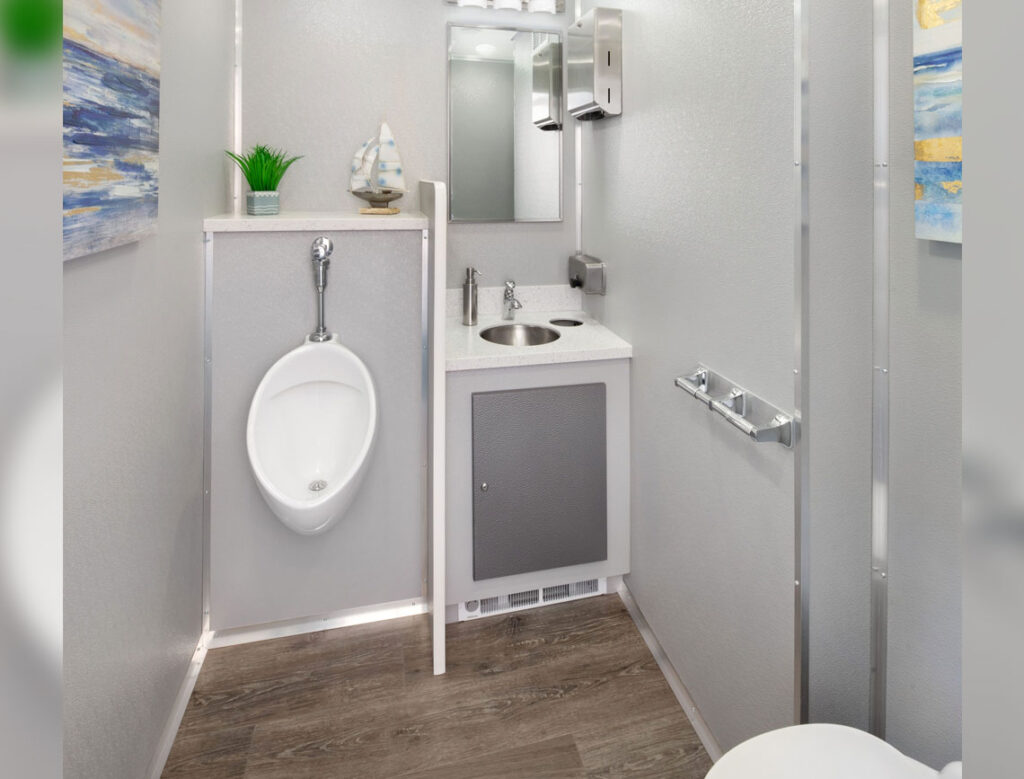 Modern, clean public restroom interior design.