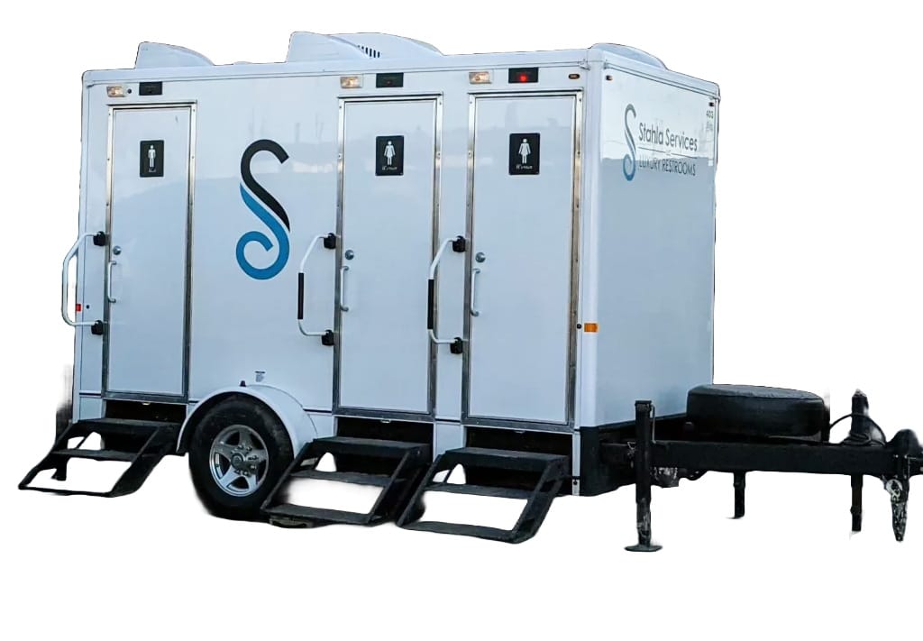 Portable luxury restroom trailer on wheels.