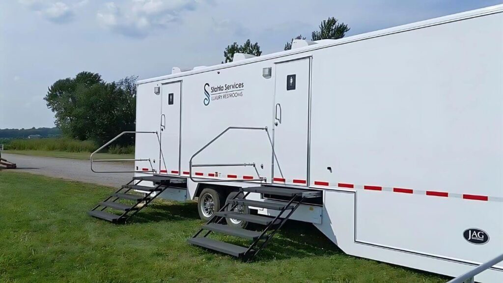 Mobile luxury 8 Stall restroom trailers in outdoor setting.