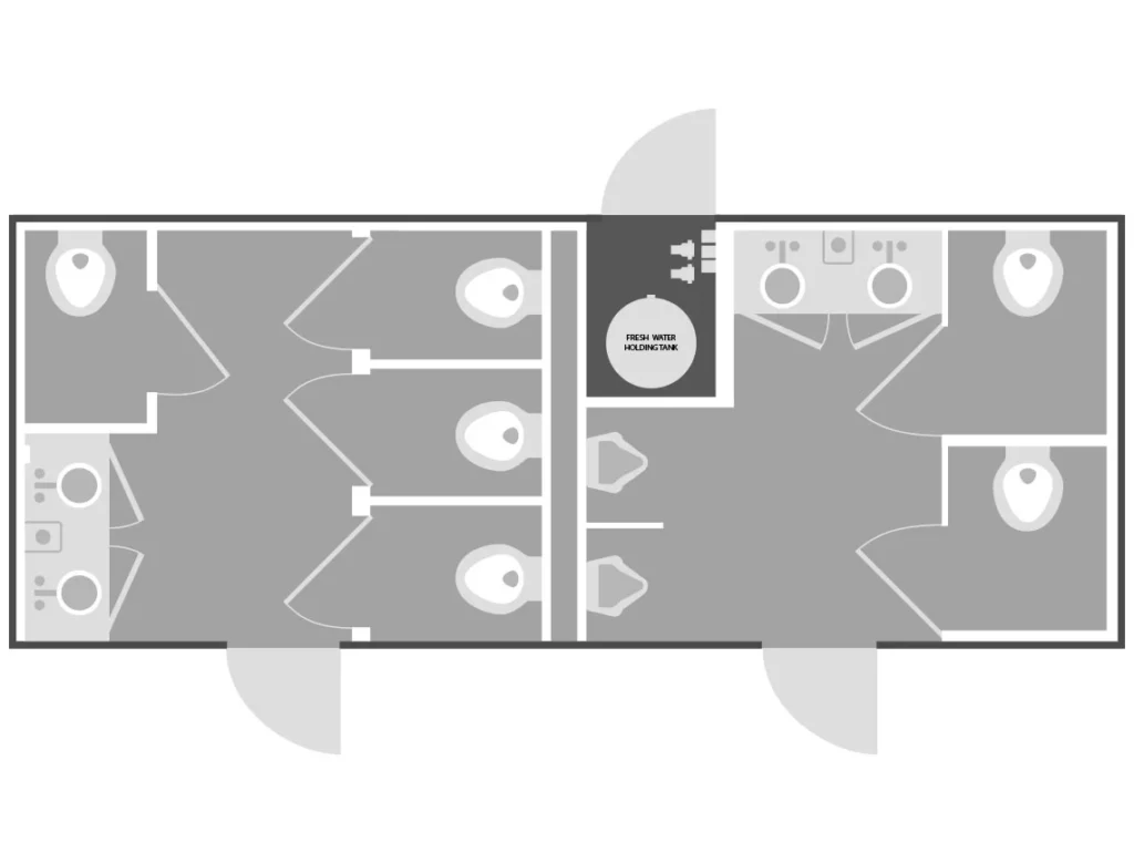 floor plan of a duplex apartment showing layout of rooms, furniture placement, and labeled as "8 stall restroom trailer rental.