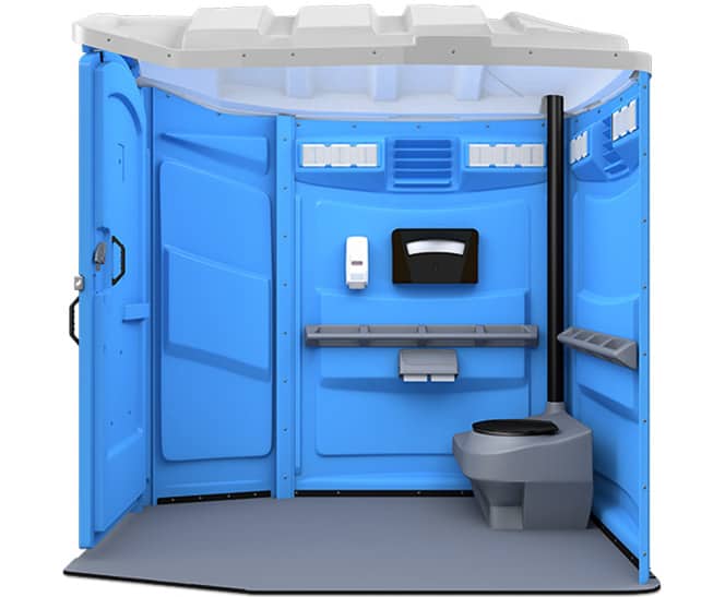 Portable toilet interior, clean and empty.