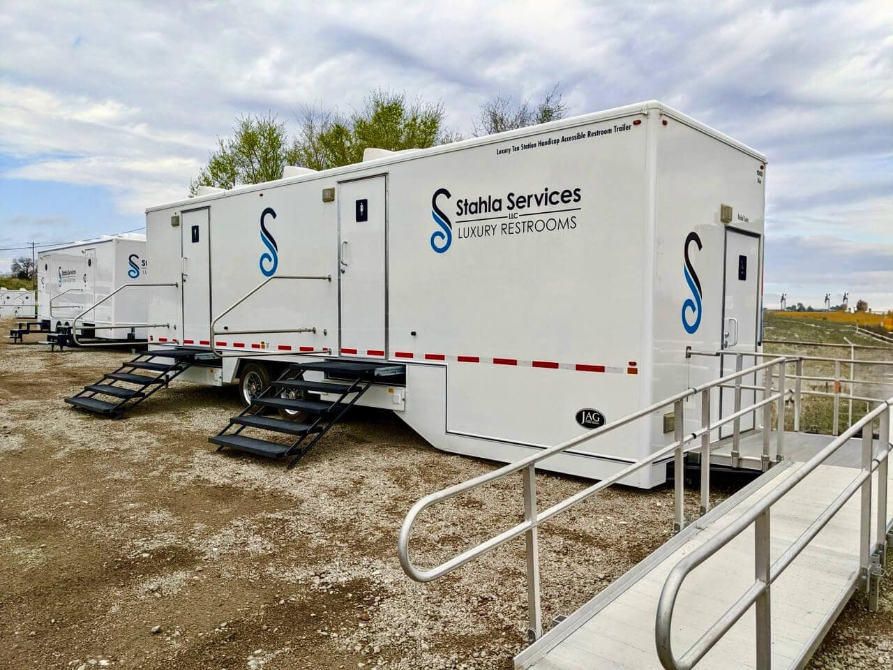 Stahla Rentals mobile ADA Restroom trailers parked outdoors in Corpus Christi,Texas