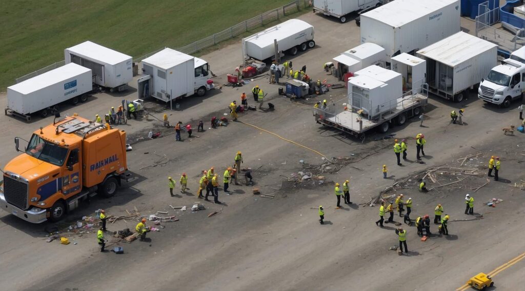 Aerial view of workers cleaning up at disaster site.