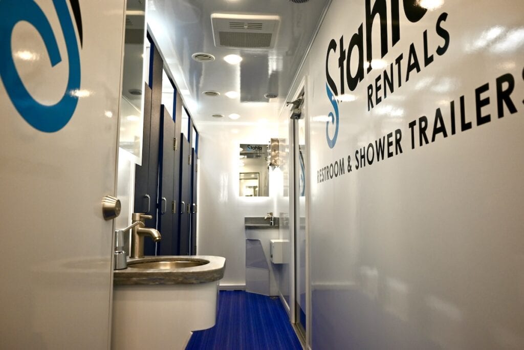 Interior of mobile restroom and shower trailer.