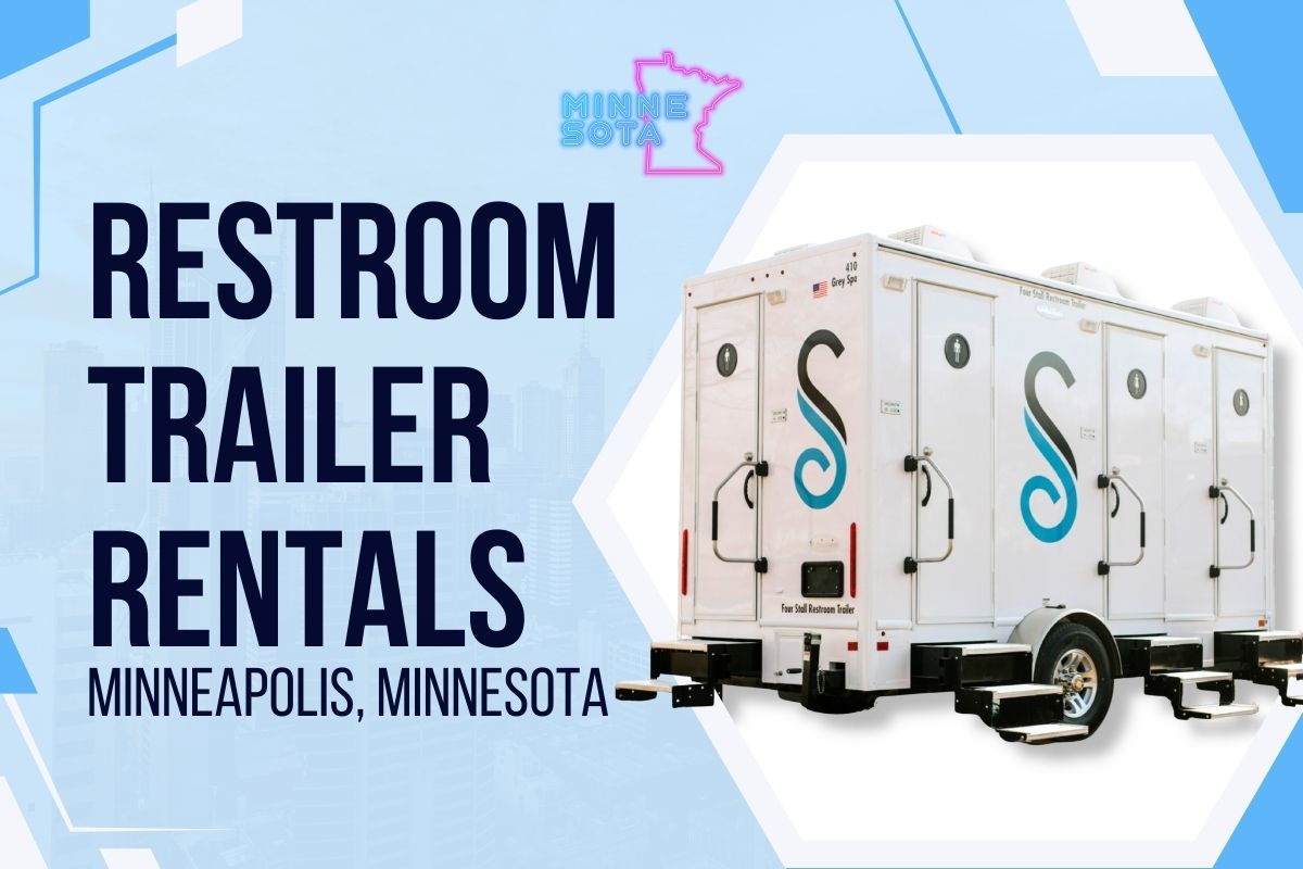 image of a promotional poster for restroom trailer rentals in minneapolis, minnesota, featuring a mobile restroom trailer with stairs.