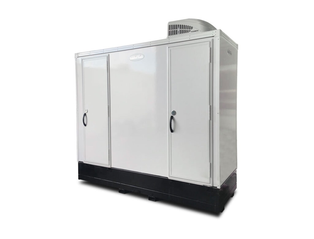Commercial outdoor refrigeration unit on white background.