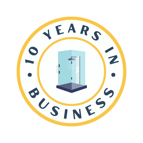 Logo celebrating 10 years in shower business.