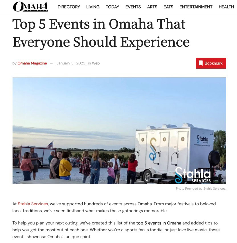 People Gathered Near A Stahla Services Trailer By A Lake, Under A Headline About Top Events In Omaha.