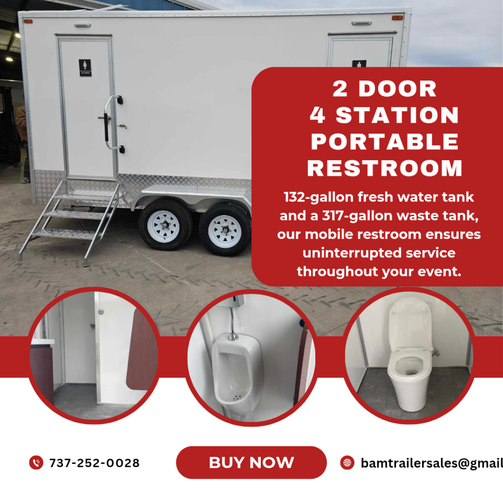 Portable Restroom Trailer With Two Doors, Featuring A Sink, Urinal, And Toilet. Red Text Highlights Features And Contact Details At The Bottom.