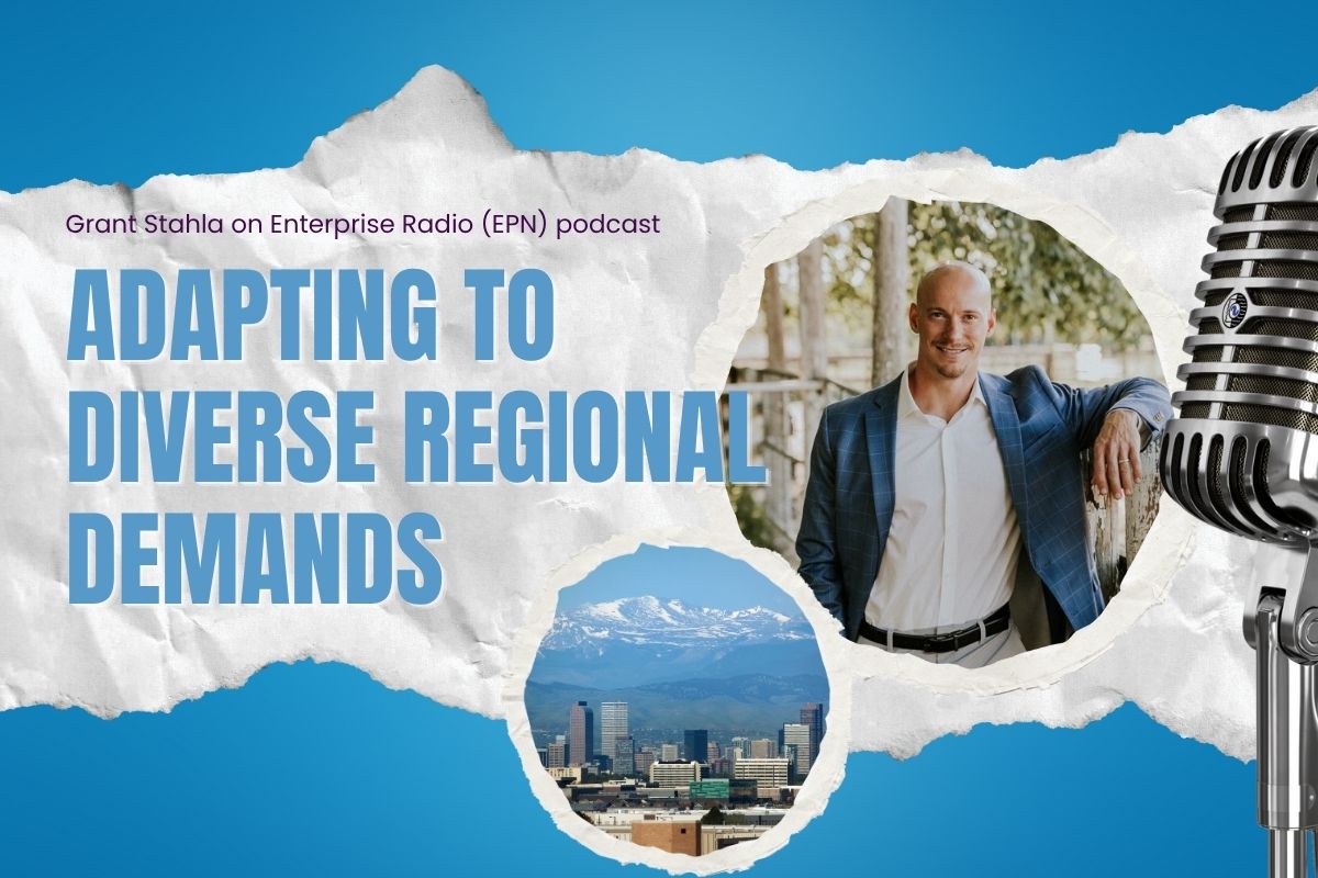 Podcast promo graphic with text "adapting to diverse regional demands," featuring a man in a suit, a large microphone, cityscape, and mountain background—highlighting insights from the rockies and heartland with stahla services.
