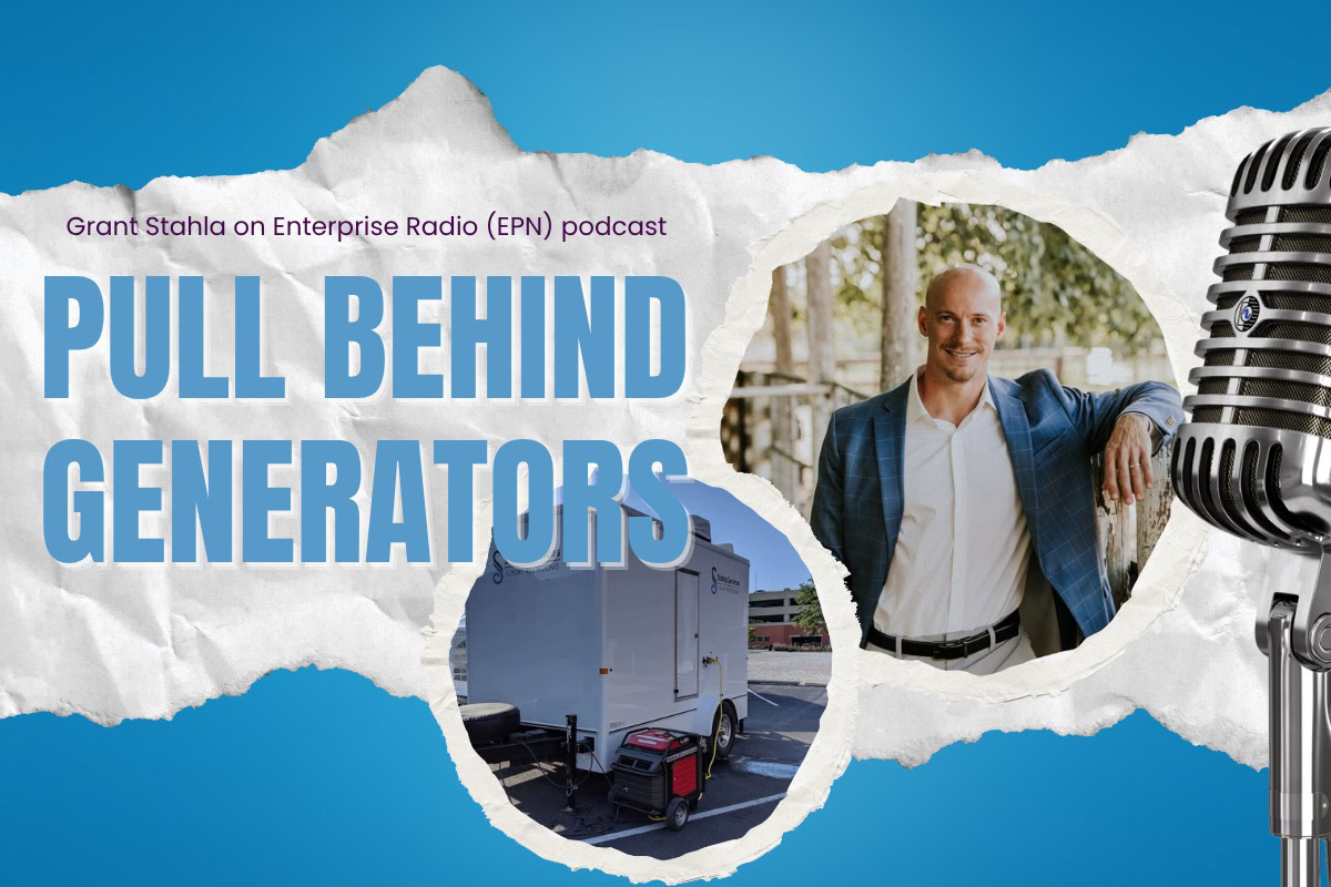 Promotional graphic for the epn podcast episode "pull behind generators," featuring grant stahla, with images of a man in a suit, a generator trailer, a microphone, and insights into restroom trailers powered by pull behind generators.