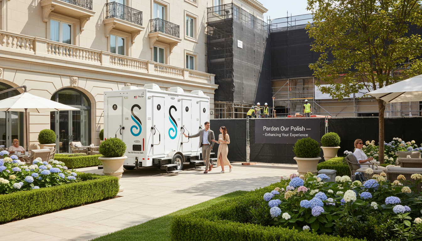 Boutique hotel property with temporary restroom facilities positioned during renovation maintaining guest comfort during construction
