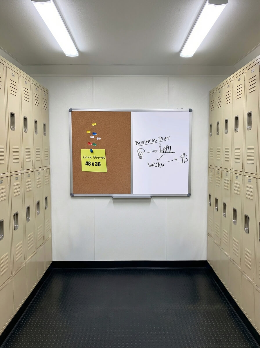 A hallway with beige lockers on both sides, a cork board with a note reading “Cork Board 48 x 36,” and a whiteboard displaying a simple business plan diagram.